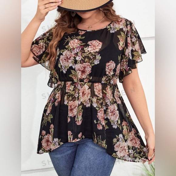 SHEIN Floral Chiffon Sheer Blouse With Cinched Waist size 3xl black pink floral - Picture 5 of 6